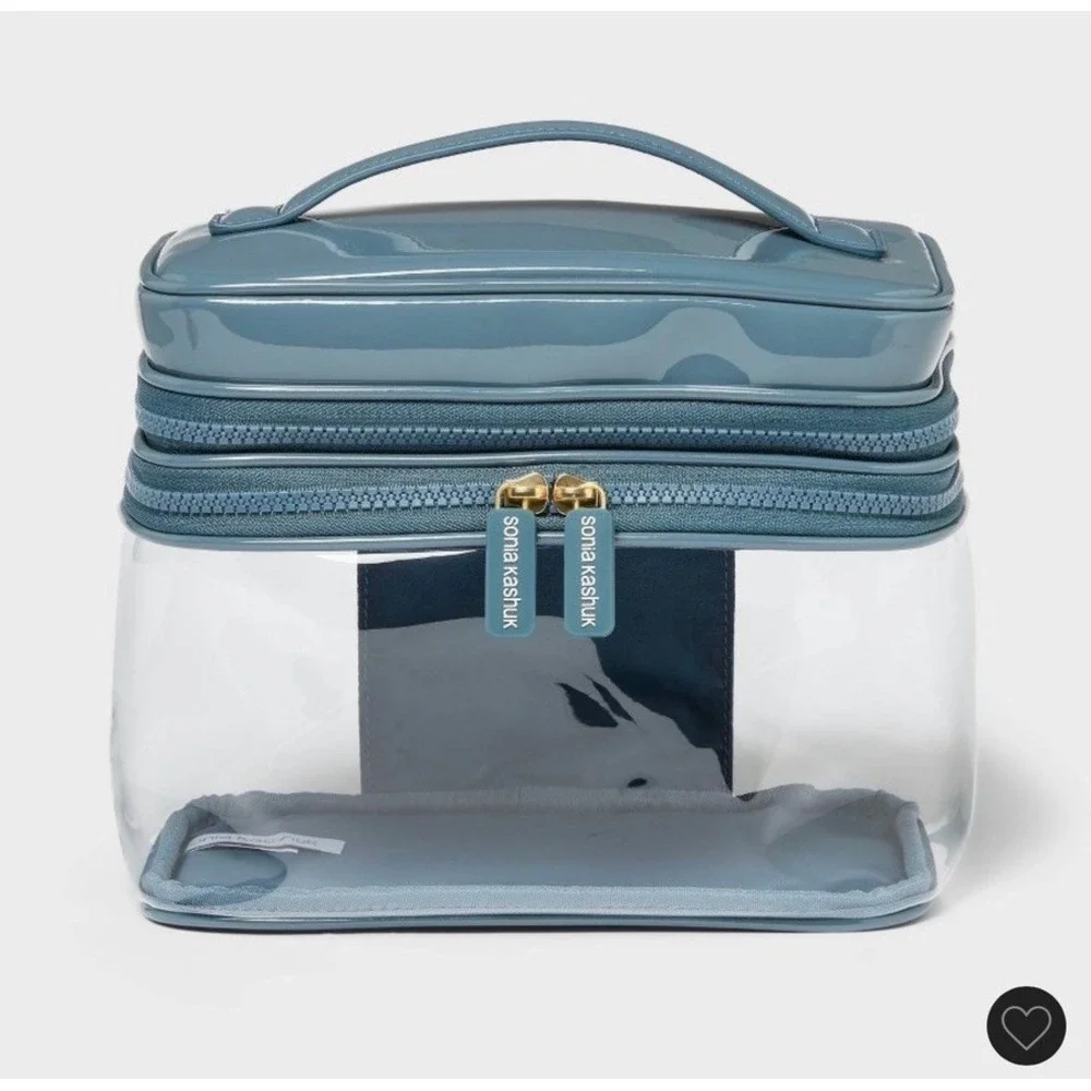 Sonia Kashuk Makeup Bag Women OS Blue Clear Dual Compartment Travel Case NWT